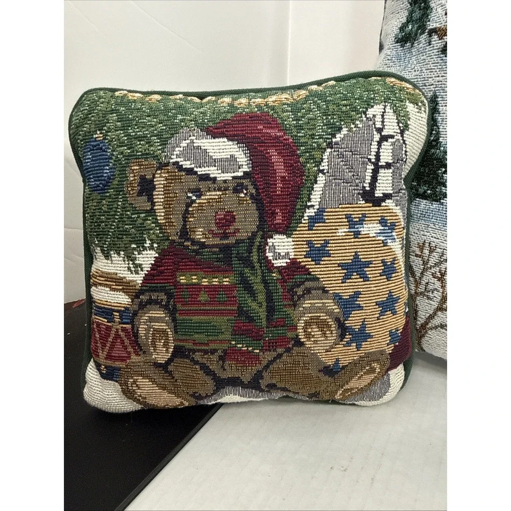 VTG Winter Christmas Embroidered Tapestry Pillows Lot Sleigh Ride Victorian Bear